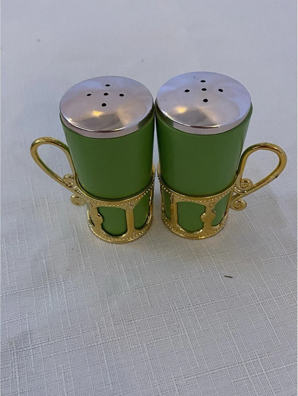Vintage Grand Bahama Salt & Pepper Shakers Green Wood & Gold plastic Cup Holders